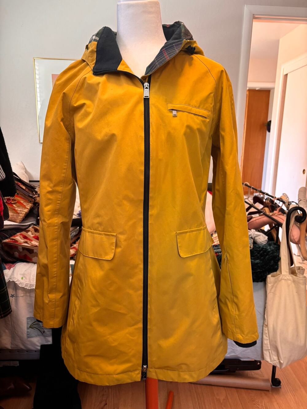 Pendleton Women’s M Mustard Yellow Plaid Lined Hooded Raincoat Utility Jacket